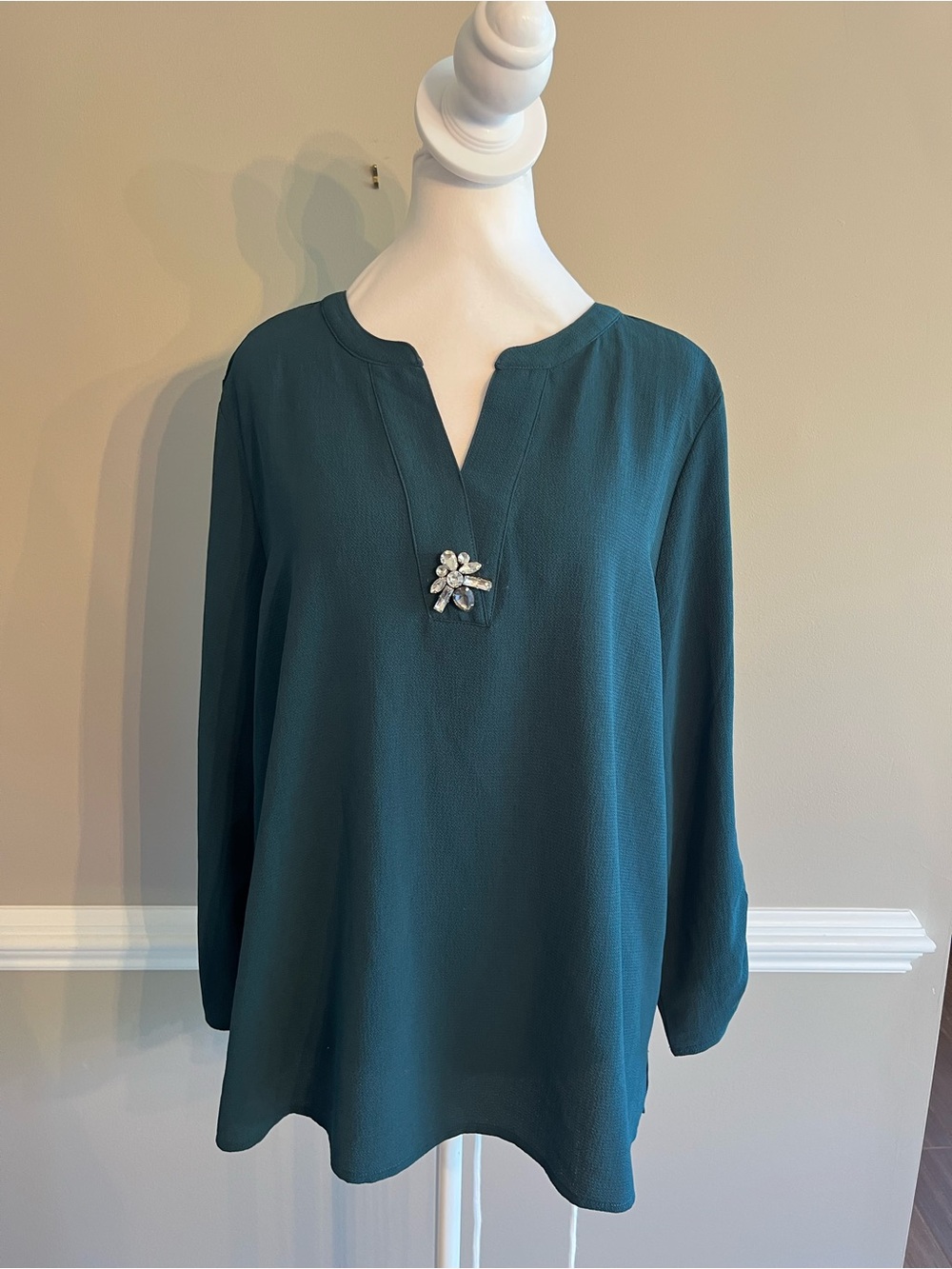 Chico's Teal Split-Neck Long-Sleeve Blouse with Jewel Accent